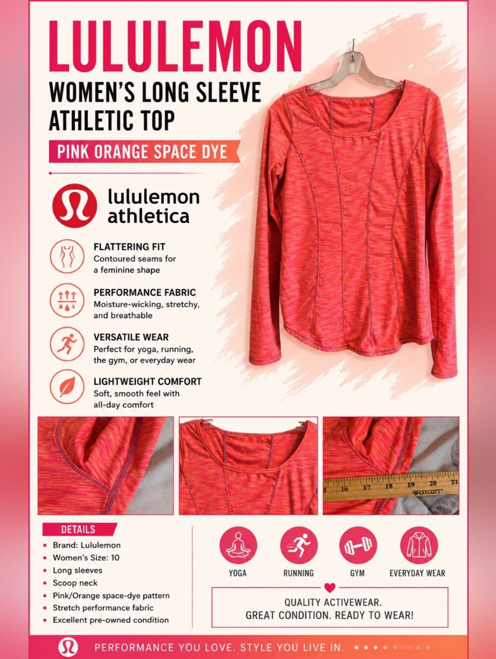 lululemon athletica Pink-Orange Space Dye Long Sleeve Athletic Top